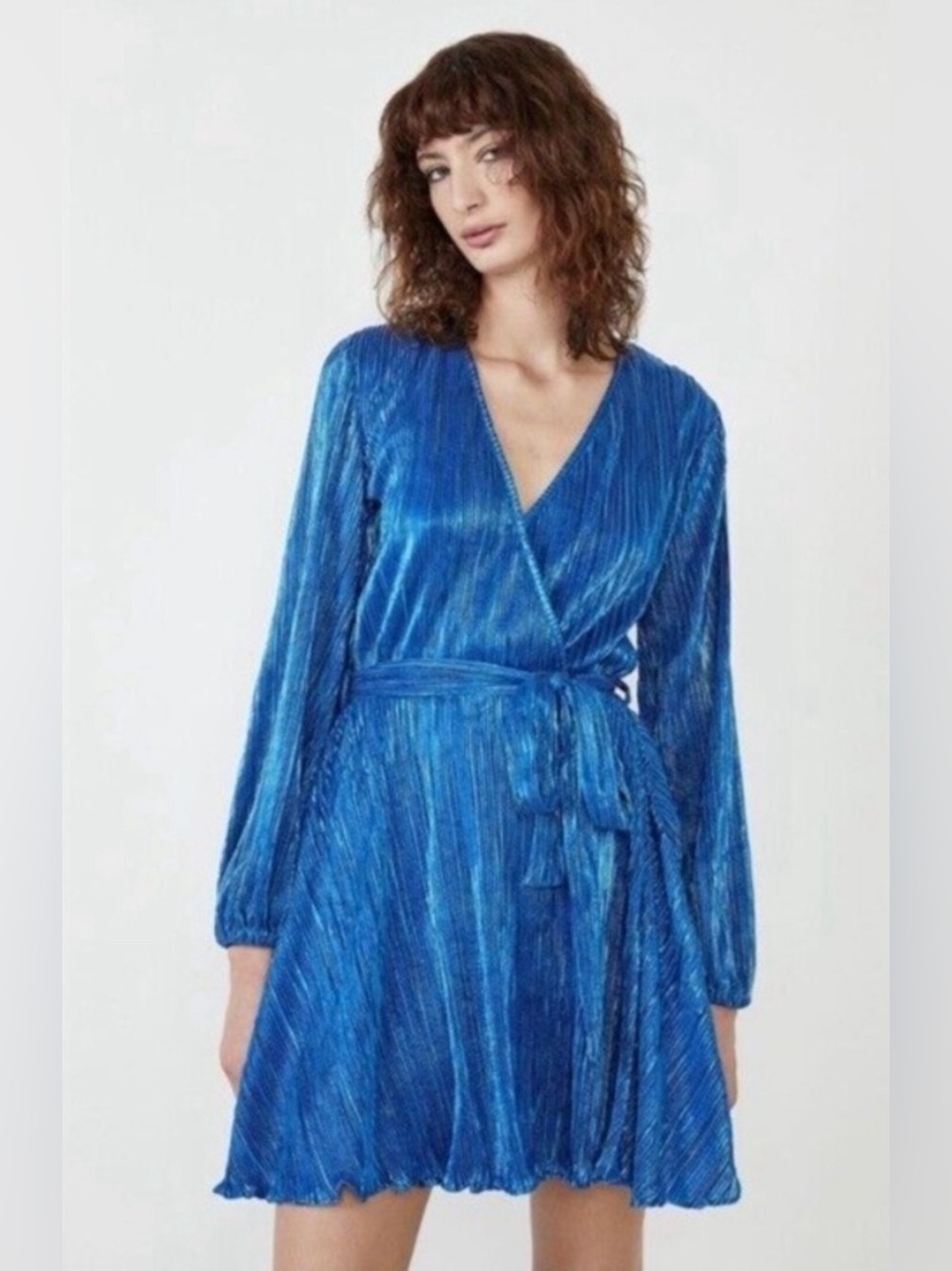 Bardot Bellissa Pleated Long Sleeves Faux Wrap Dress in Electric Blue Size Small